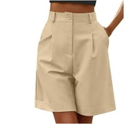 cfhntfmh Womens High Waist Dress Shorts Wide Leg Folded Hem Flowy Shorts Knee Length Dressy Shorts with Pocket